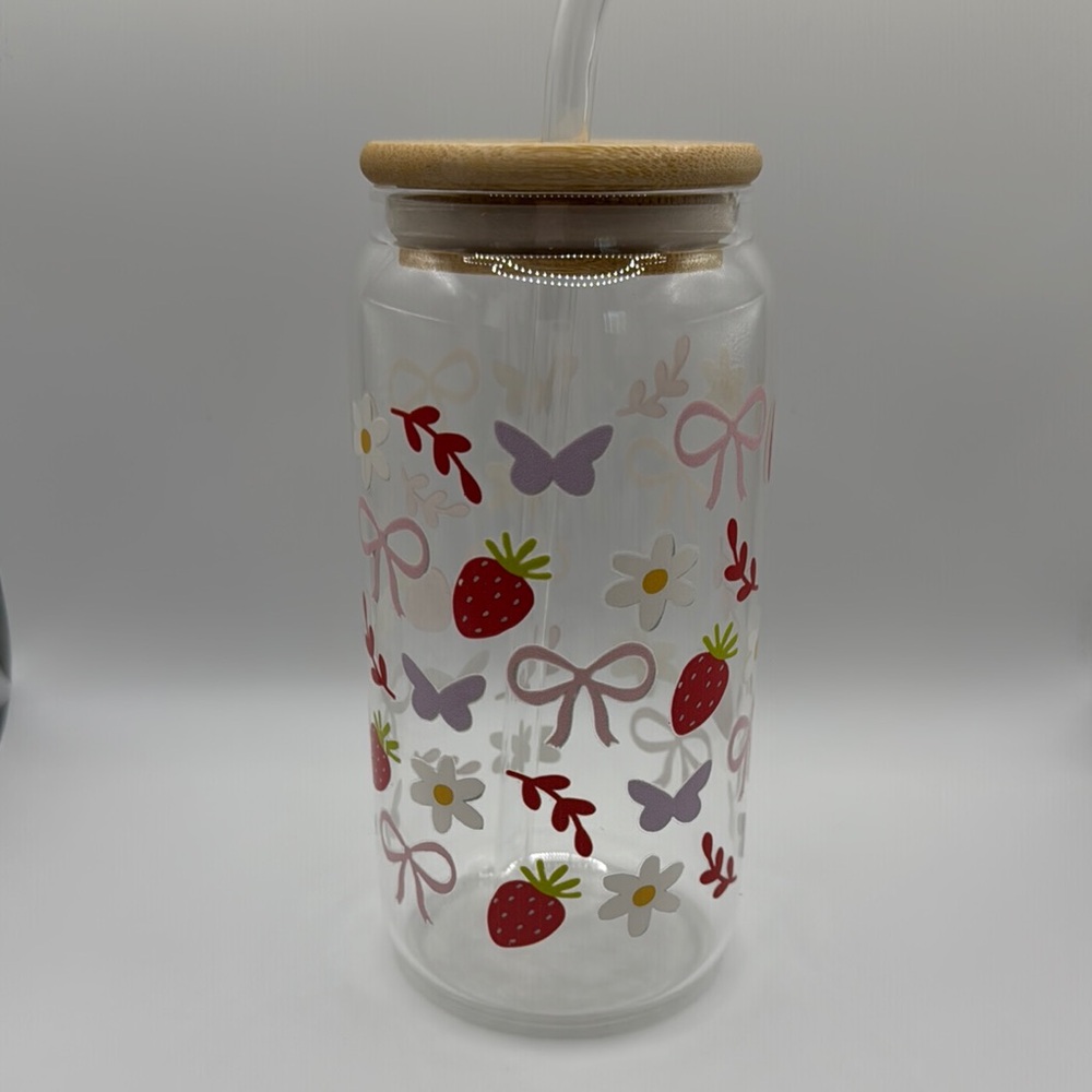 Strawberry and Butterfly Glass Tumbler with Straw